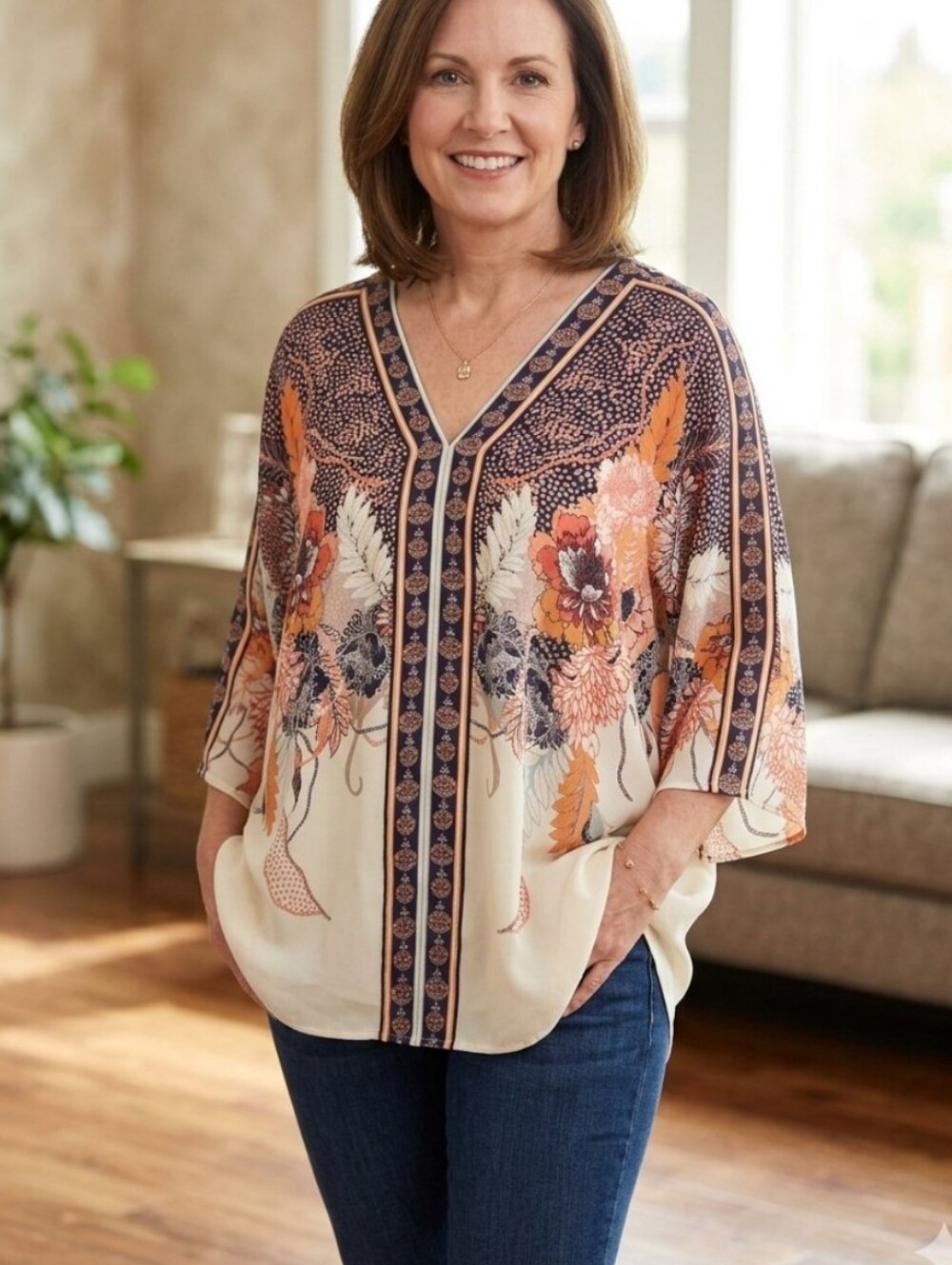 Rose + Olive NWT Deep V-neck Dolman Sleeve Cream & Floral Blouse, M